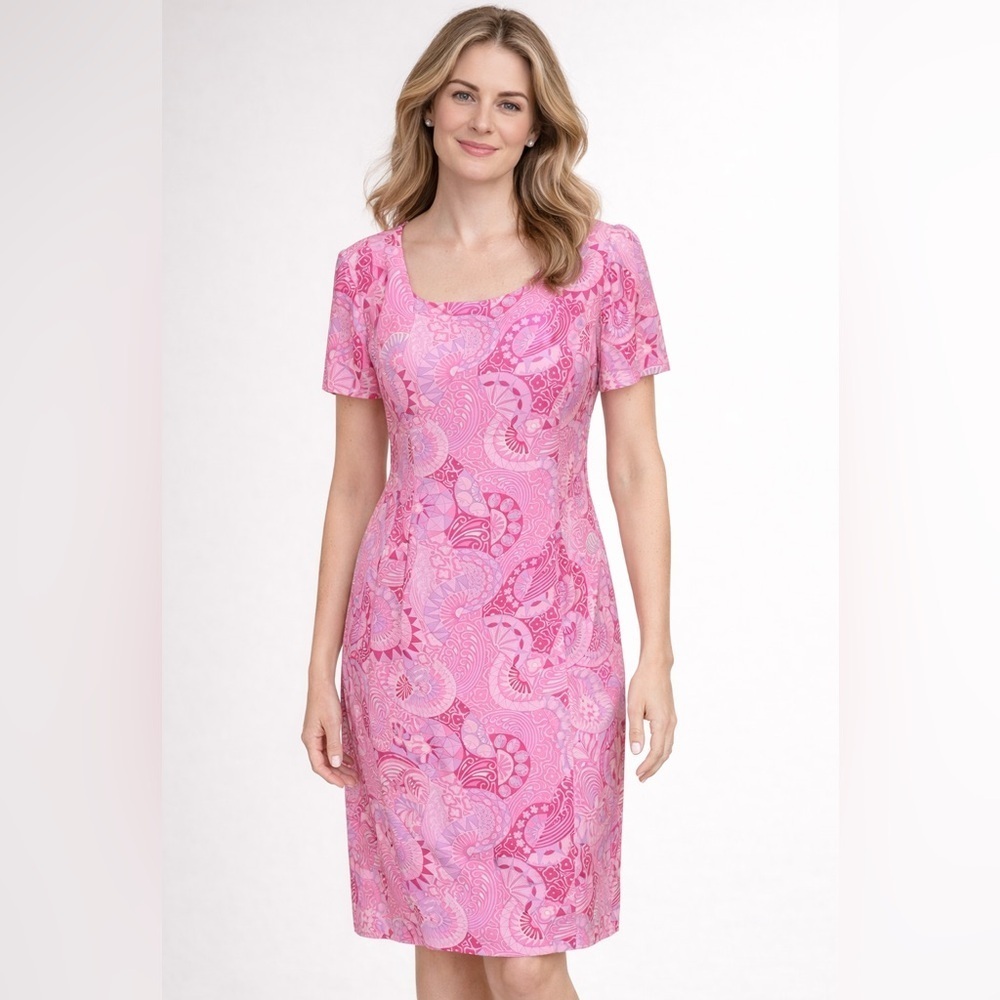 VTG Maggie London Pink Silk Abstract Paisley Psychedelic Motif Print Dress Sz.6
